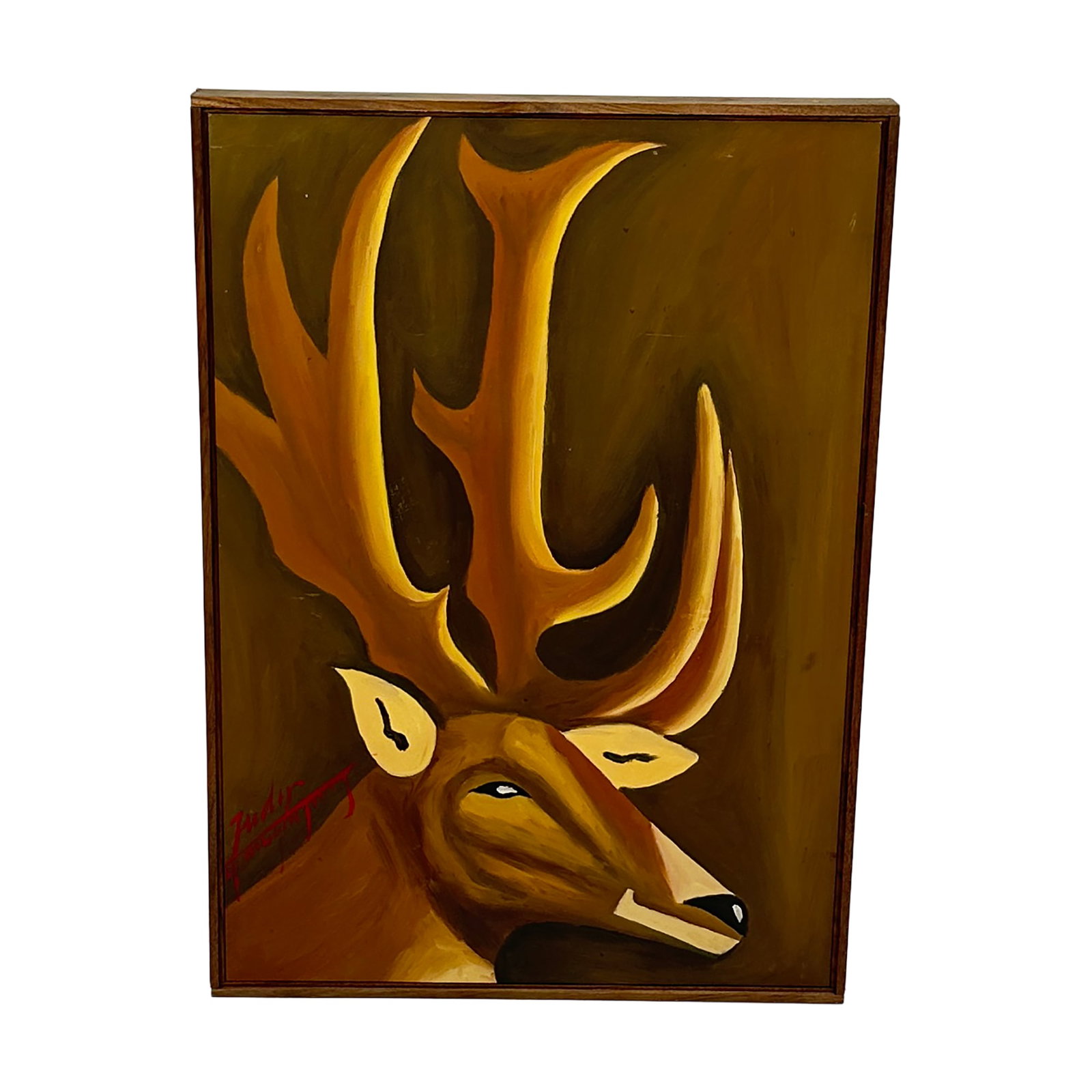 Framed Expressionist Deer Head Painting: A bold and stylized painting of a deer head, rendered in warm earth tones with exaggerated golden antlers and minimalistic features. The composition leans toward expressionist or folk art styles,