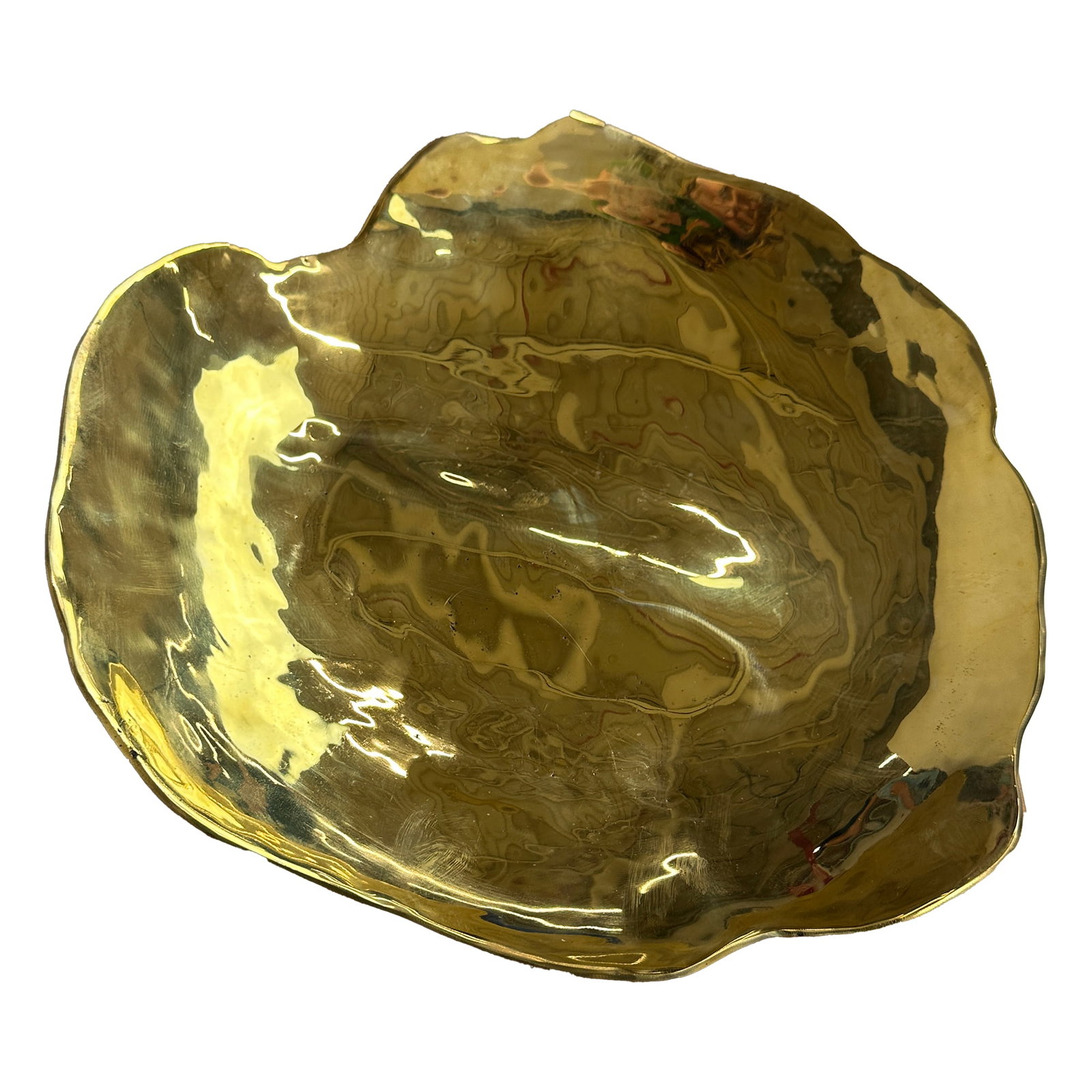 Organic Sculptural Brass Decorative Bowl: A sculptural brass bowl featuring an organic, freeform silhouette with rippled, uneven edges and a high-polish finish. This handcrafted piece showcases artisan character and natural imperfections,