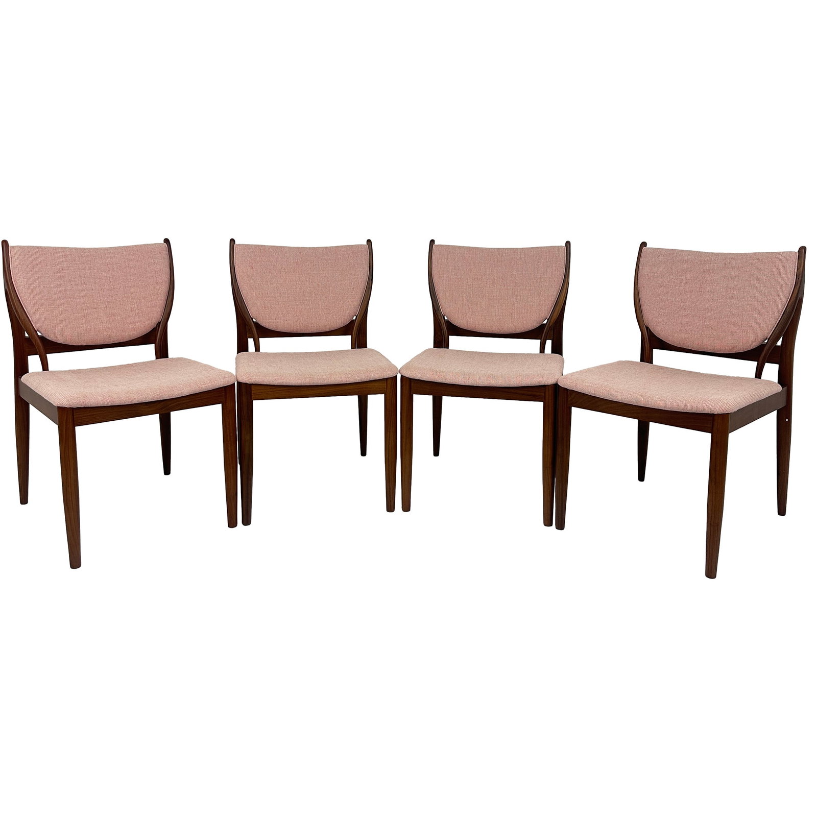 Set of 4 Walnut Blush Dining Chairs: A stylish and sculptural set of four dining chairs blending mid-century modern elegance with Scandinavian simplicity. Each chair stands 36 inches tall and features a rich walnut-toned wood frame with