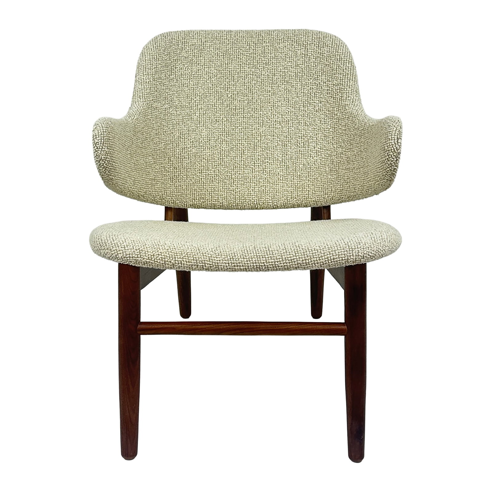Walnut & Ivory Boucle Lounge Chair: A stylish and sculptural lounge chair featuring a gently curved backrest, integrated arm accents, and plush ivory bouclé-style upholstery. Standing 30 inches tall, the chair combines comfort with