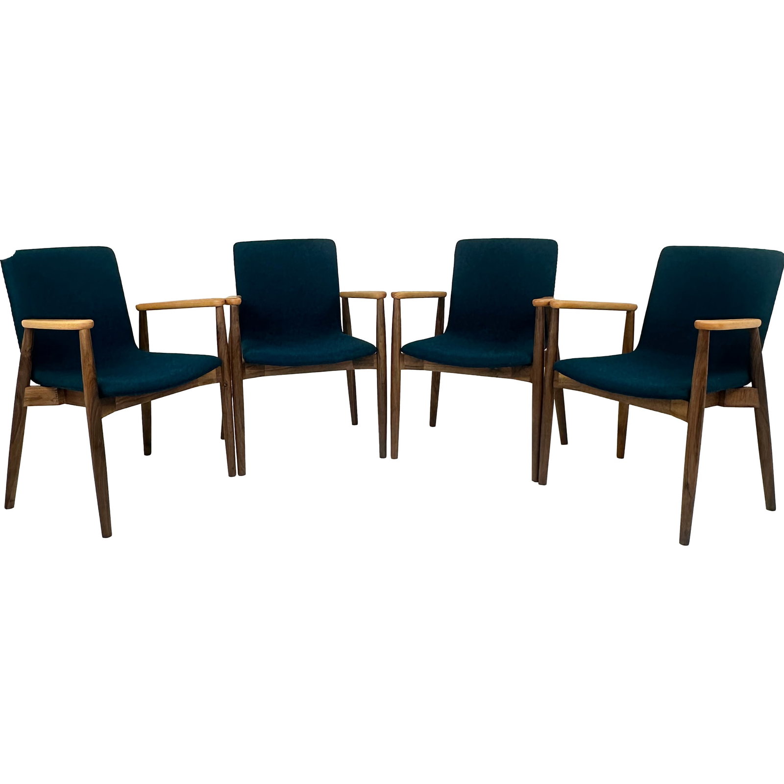 Set of 4 Salla Oak Teal Armchairs: A stylish set of four mid-century modern inspired armchairs, each standing 32.25 inches tall. The “Salla” chairs feature sculpted oak frames with gently tapered legs and curved arms, paired