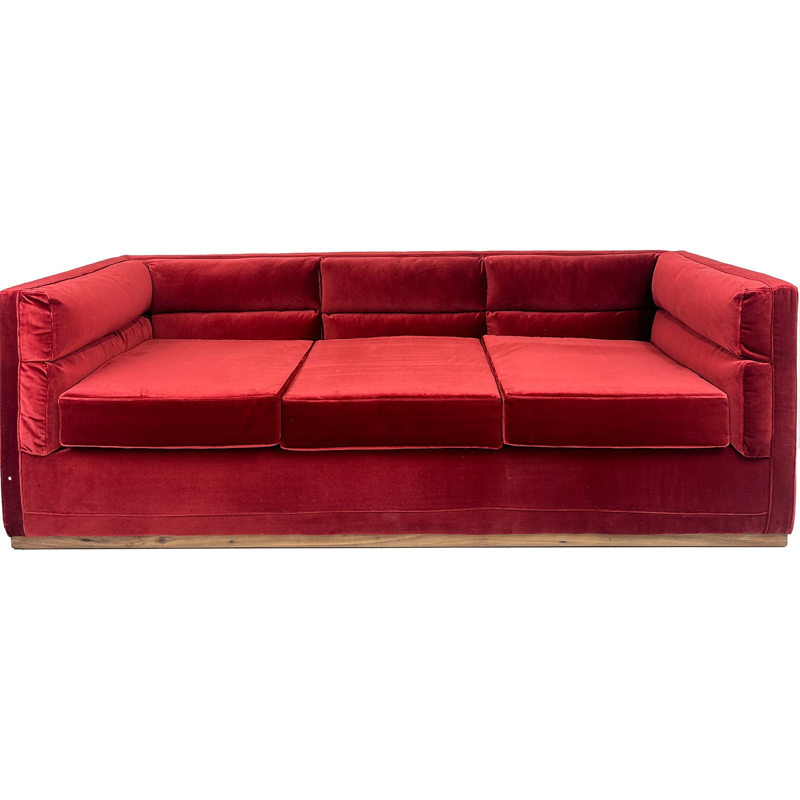 Berlin Red Velvet Modern Sofa: The Berlin Sofa in Red brings bold color and timeless design together in a refined, contemporary form. Upholstered in rich red velvet, it features clean lines, deep seating, and structured cushions