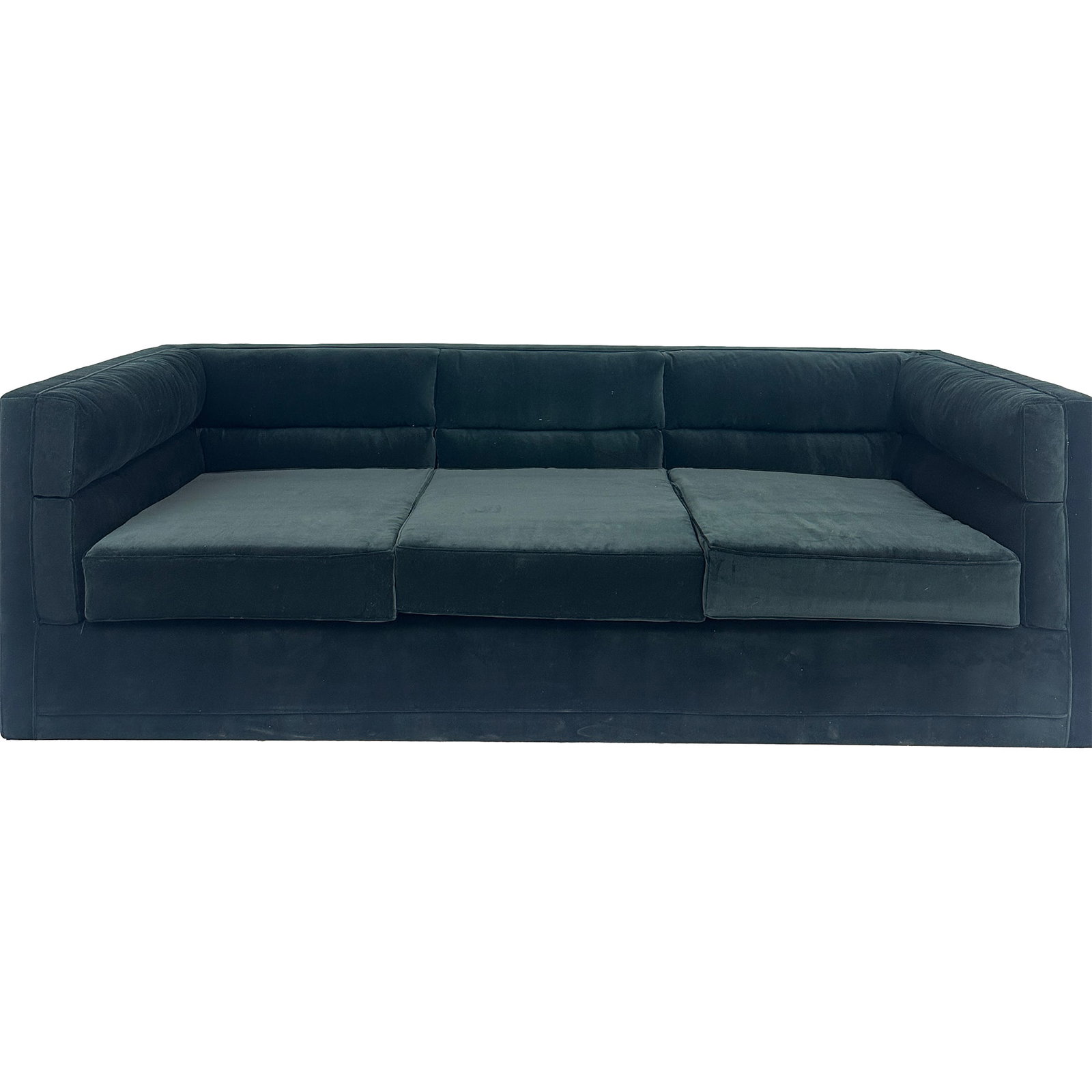 Berlin Black Velvet Modern Sofa: The Berlin Sofa features a sleek, low-profile design with a modern silhouette. Upholstered in deep black velvet, it offers plush comfort with firm cushioning and wide track arms for a contemporary