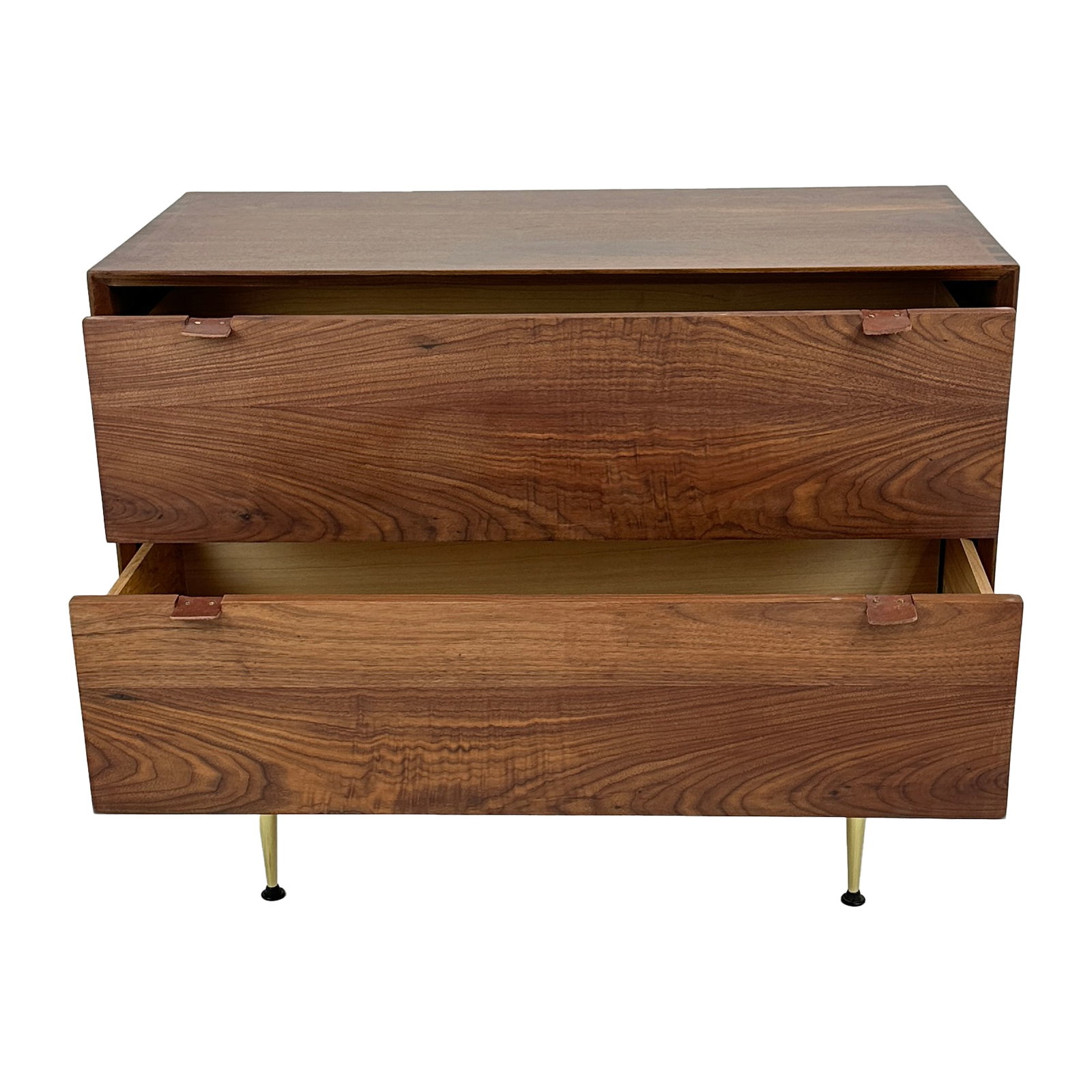 Siena Mid-Century Wood Dresser Brass Legs: The Siena Wooden Dresser embodies timeless mid-century modern elegance. Crafted from rich natural wood, it features two spacious drawers with subtle leather pull tabs and slender brass legs that