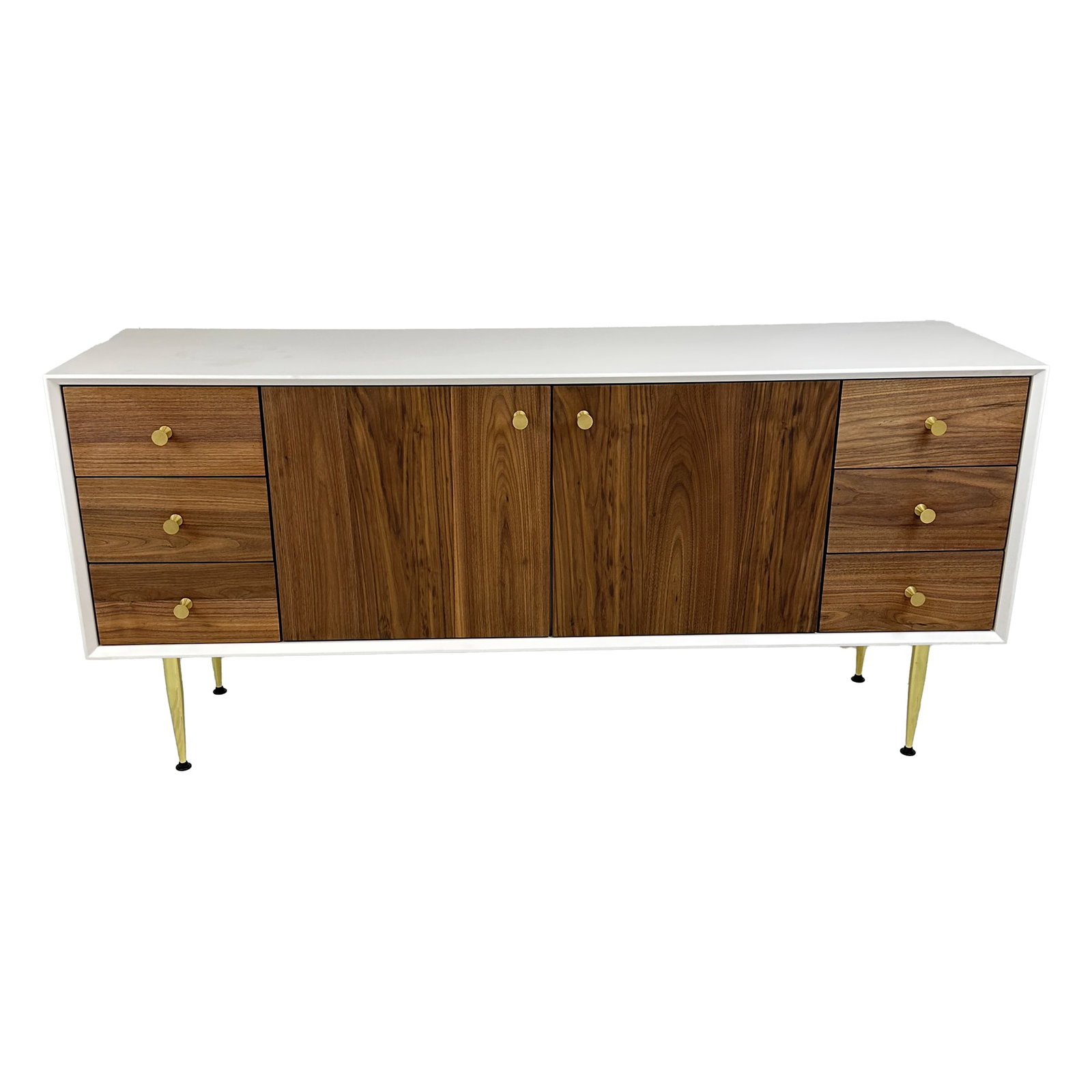 Siena Wood White & Brass Sideboard Cabinet: The Siena Wooden Cabinet combines mid-century modern style with refined craftsmanship. Featuring a white lacquered frame, rich natural wood doors and drawers, and elegant brass hardware, it offers a
