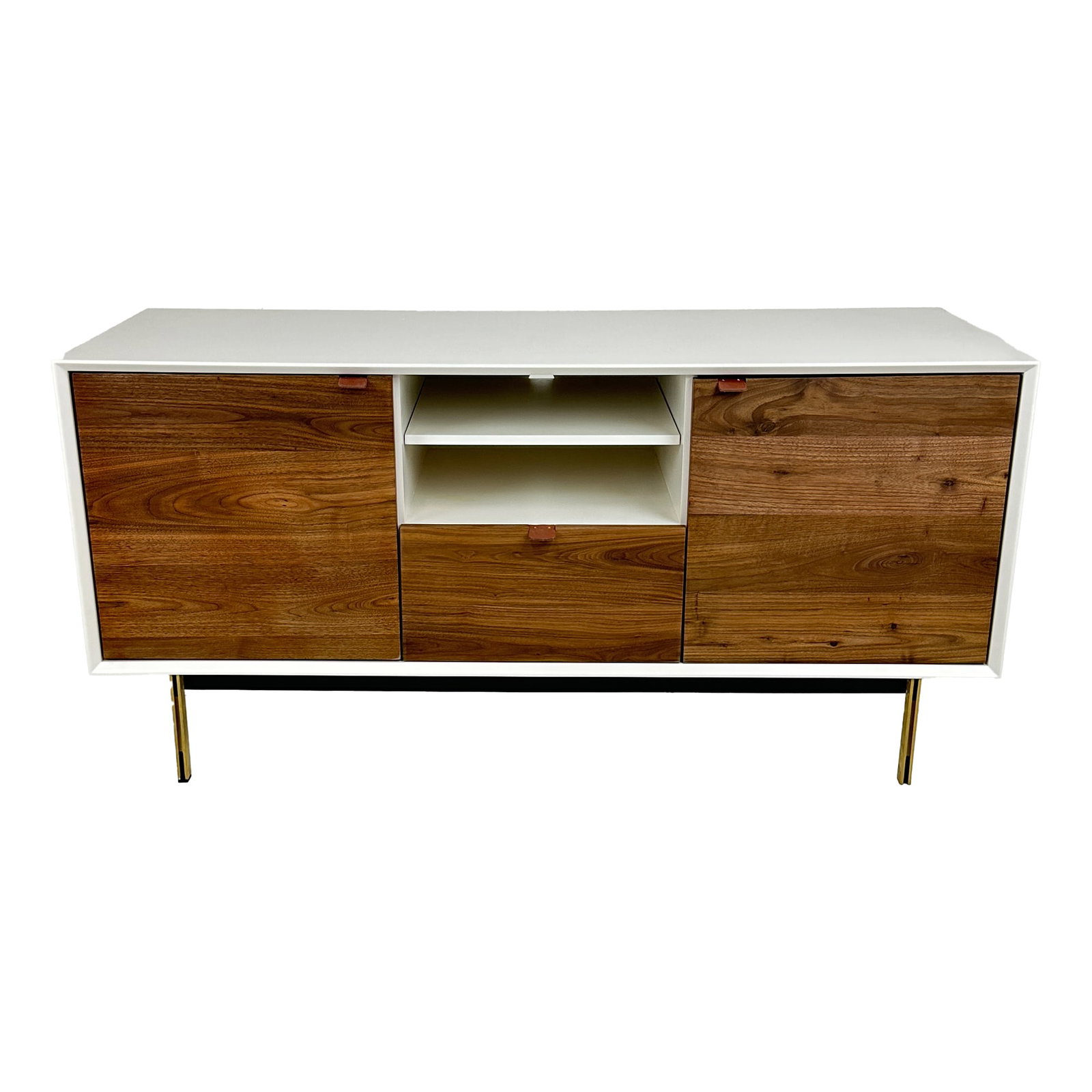 Sienna Wood White & Brass TV Console: The Sienna TV Console features a refined mid-century design with a white lacquered exterior paired with rich natural wood doors and drawers. Sleek brass legs add a touch of modern luxury, while open