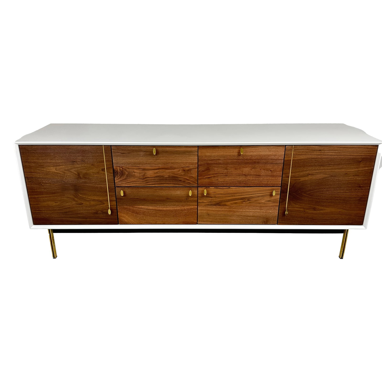 White Walnut & Brass Modern Storage Cabinet: This Solid Wood Cabinet with White Exterior combines modern design with natural warmth. It features a sleek white frame that contrasts beautifully with the rich walnut drawer and door fronts,