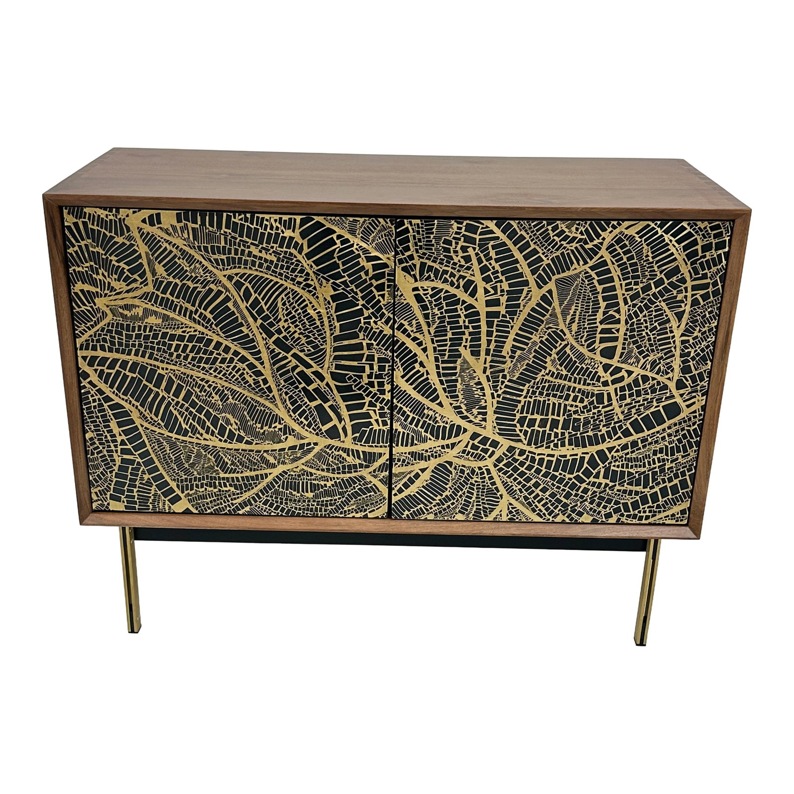 Modern Botanical Two-Door Accent Cabinet: Striking modern two-door accent cabinet featuring an intricate metallic botanical branch and leaf motif across the front panels. The warm wood-toned case contrasts with the richly detailed decorative 