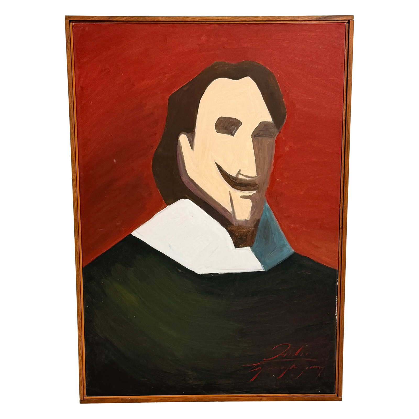 William Shakespeare Portrait Painting: Stylized portrait painting depicting William Shakespeare, rendered with bold simplified forms and a rich red background. Shakespeare is shown in dark attire with a broad white collar, creating a