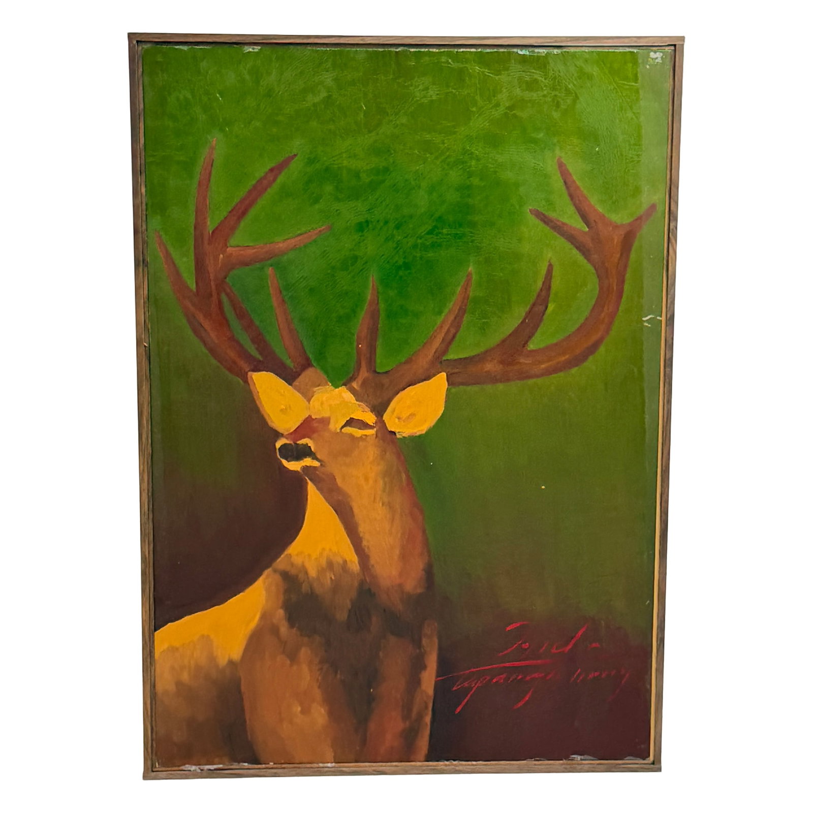 Green Toned Deer Wildlife Painting: Bold wildlife painting featuring a large-antlered stag set against a vivid green background. The composition combines rich green, brown, ochre, and reddish tones with expressive, simplified