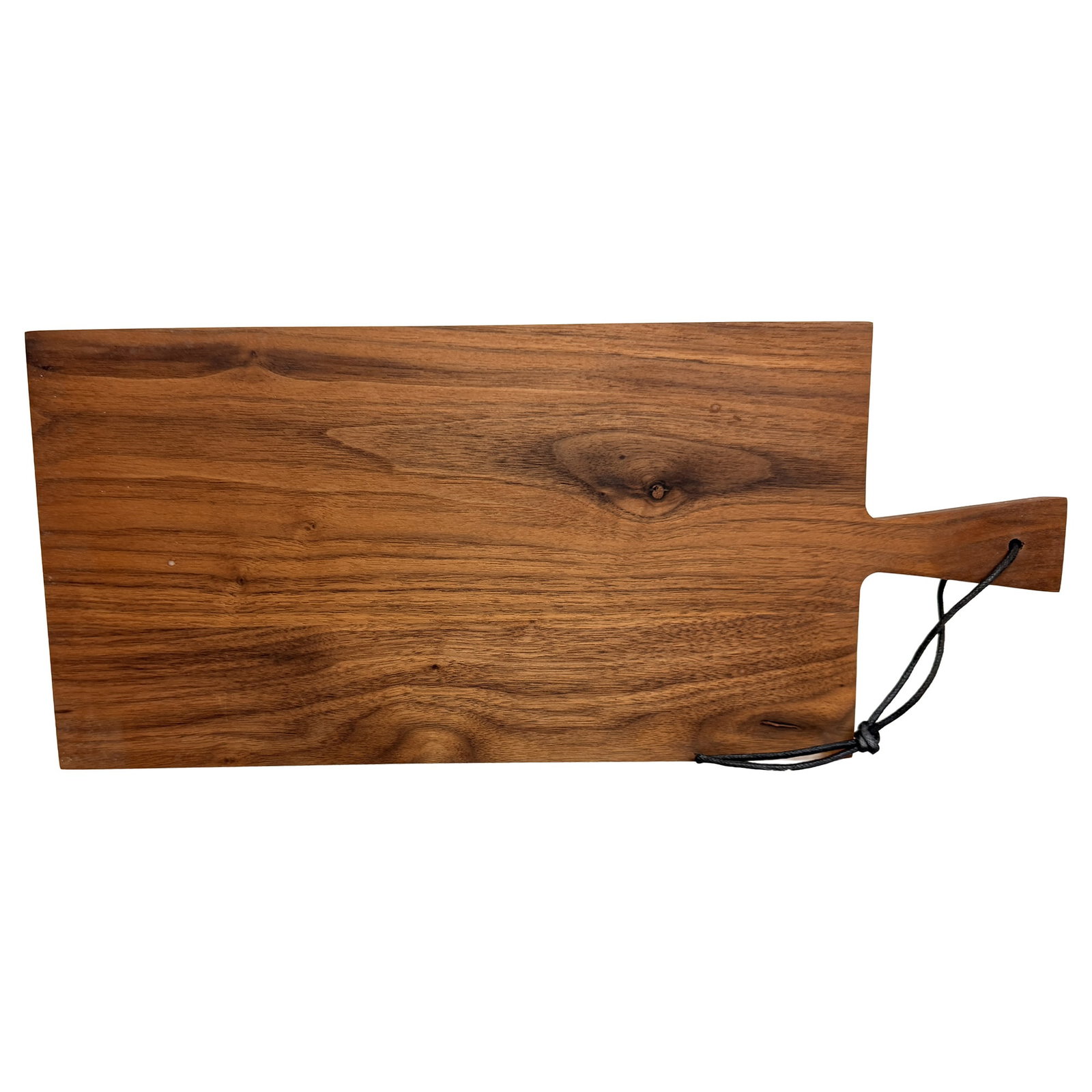 Rustic Wooden Cutting Serving Board: Rustic solid-wood cutting and serving board featuring a long rectangular profile with an integrated handle and hanging cord. The naturally figured wood displays prominent grain patterns, knots, and