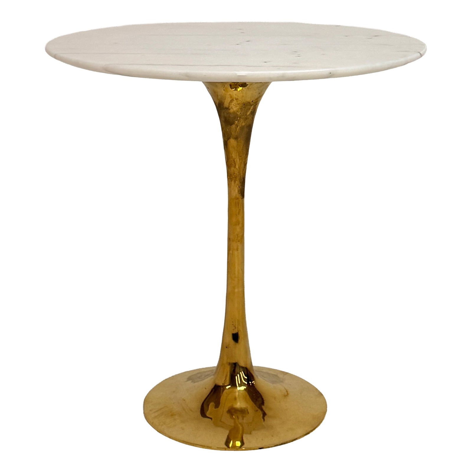 Round Marble Top Brass Base Side Table: Round side table combining a marble top with a brass base for a refined mix of natural stone and warm metal. The compact scale makes it suitable beside a sofa, lounge chair, or bed, while the marble-a
