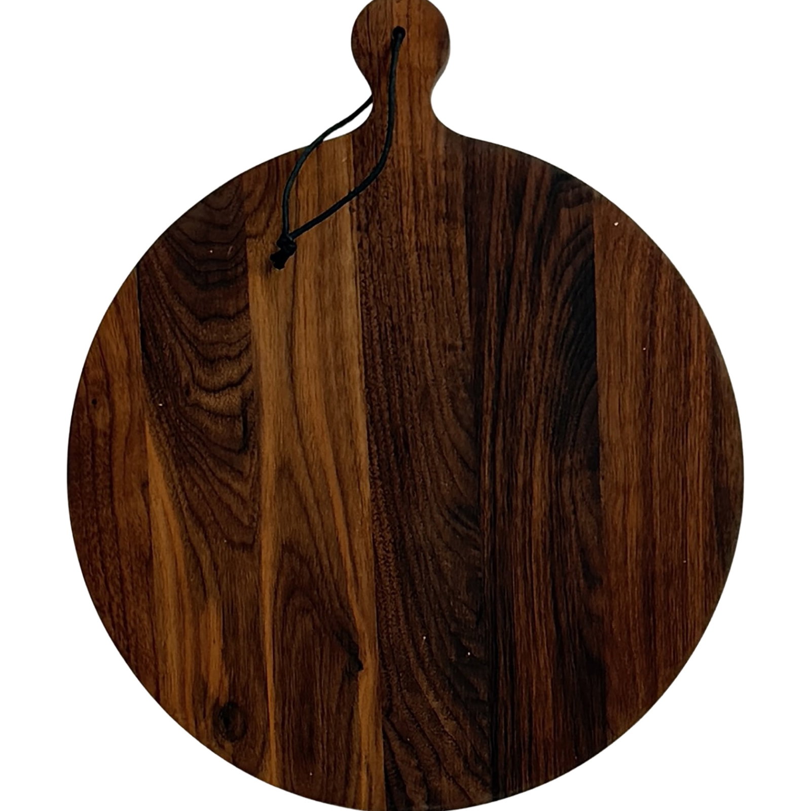 Round Wooden Cutting Serving Board: Round solid-wood cutting and serving board featuring a generous circular surface, integrated handle, and richly varied natural wood grain. The dark and warm tonal variations give the piece an