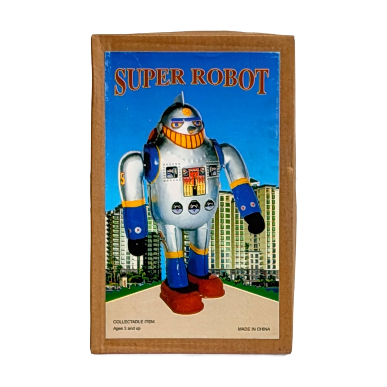 Vintage Silver Robot Collector Toy: Retro-style robot collector toy featuring a classic silver metallic body accented with colorful red, blue, and black details. The nostalgic space-age design recalls mid-century tin robot toys and is