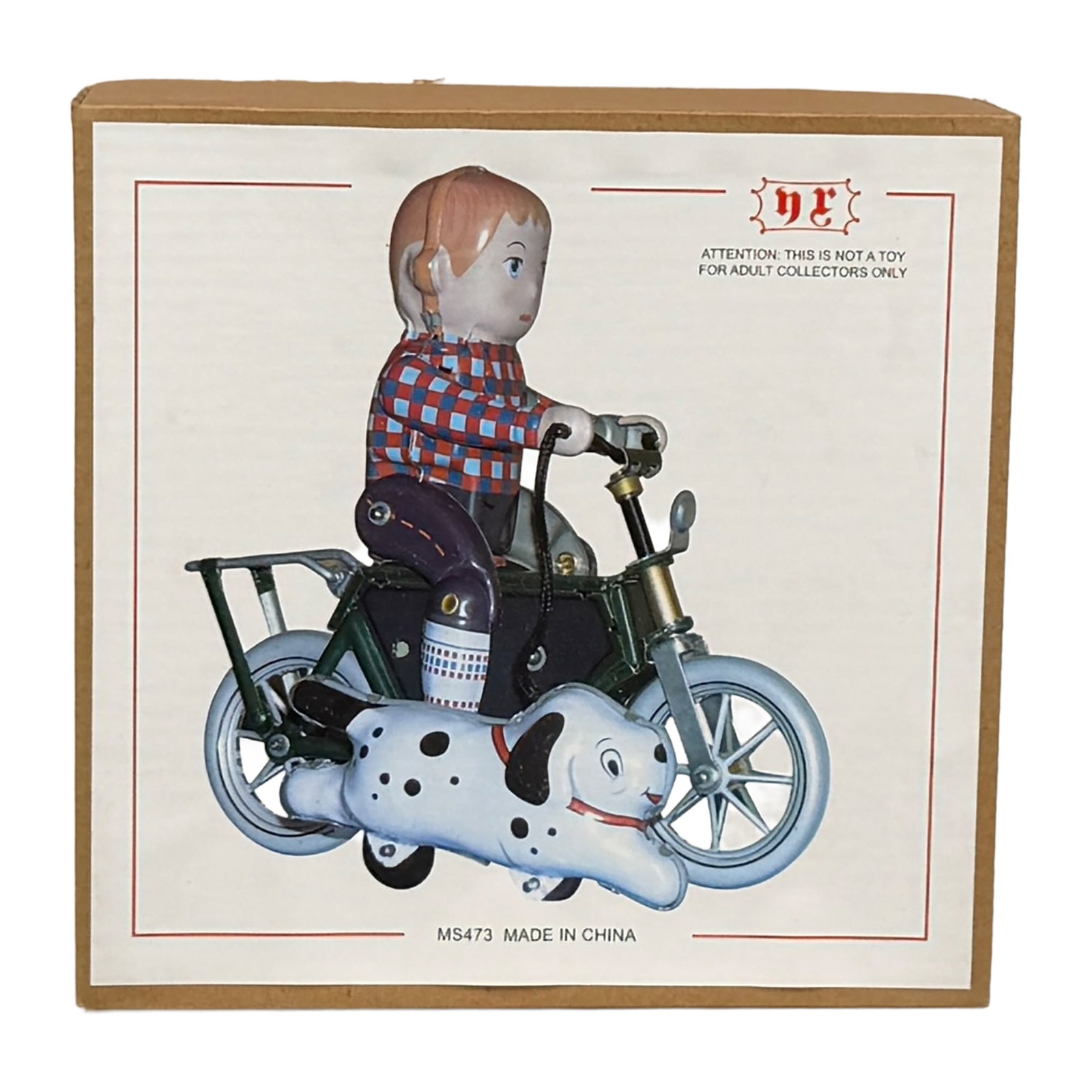 Vintage Boy Bicycle Dog Collector Toy: Charming retro-style collector toy depicting a boy riding a bicycle accompanied by a dog. The detailed figural scene has the nostalgic character of classic mechanical and tin toys and is accompanied
