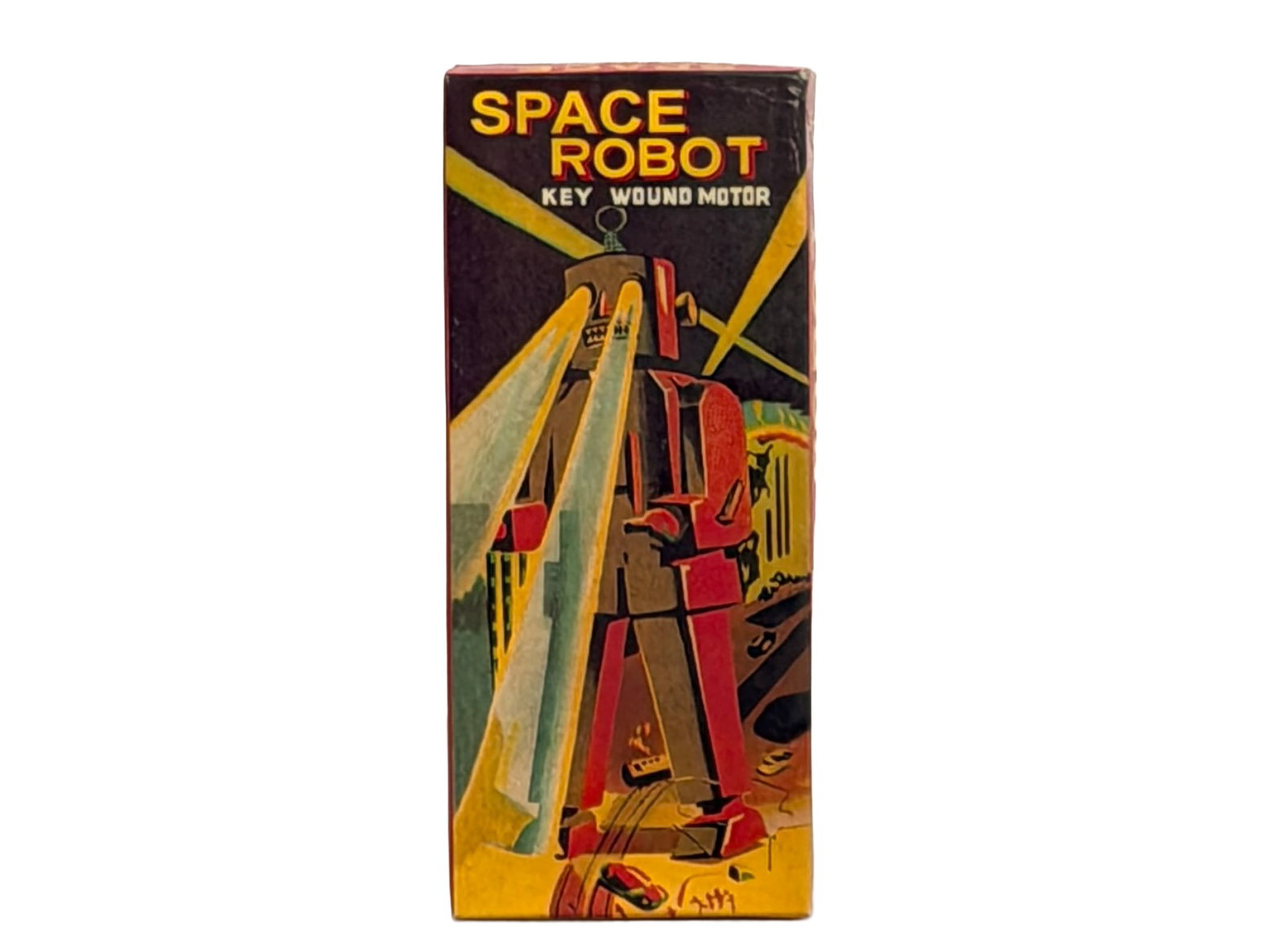 Vintage Space Robot Collector Toy: Retro-style space robot collector toy featuring a colorful blue body, graphic mechanical detailing, contrasting red feet, and antenna-style head detail. The classic science-fiction design is