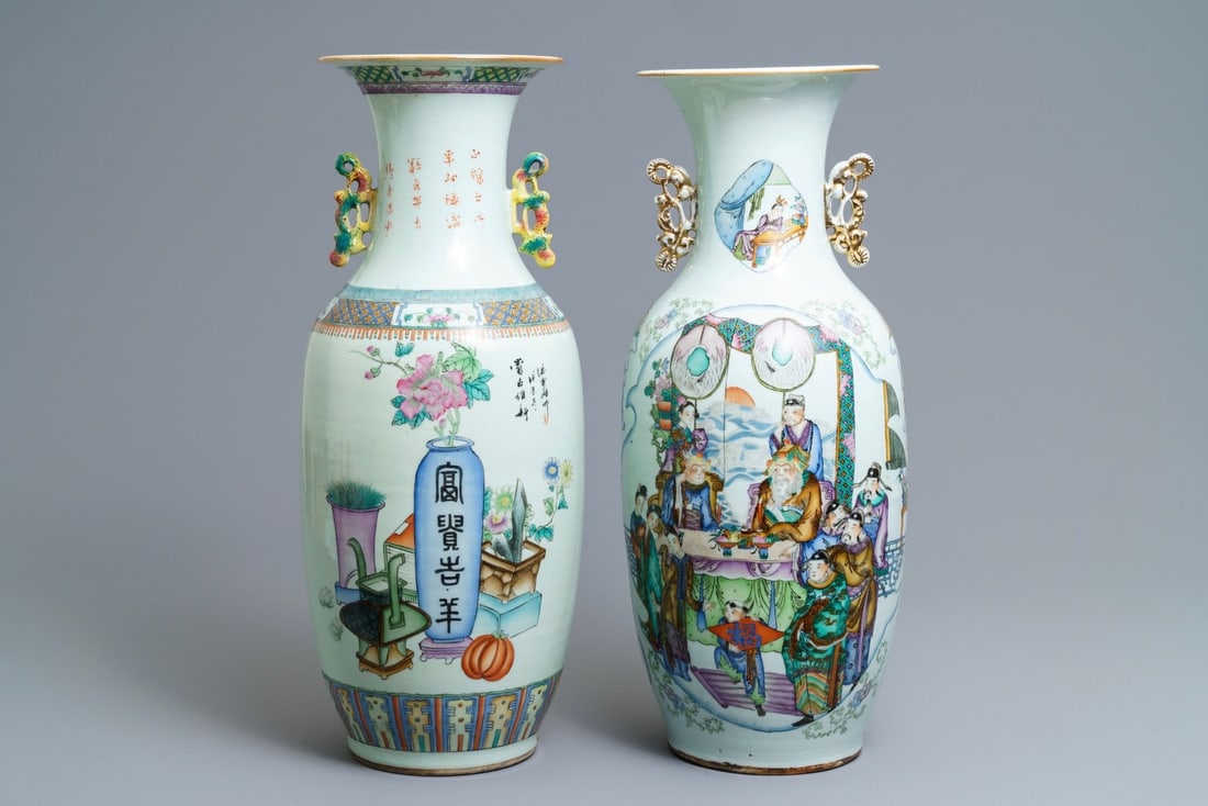 TWO CHINESE FAMILLE ROSE TWO-SIDED DESIGN VASES, 19/20TH C. (1 of 6)