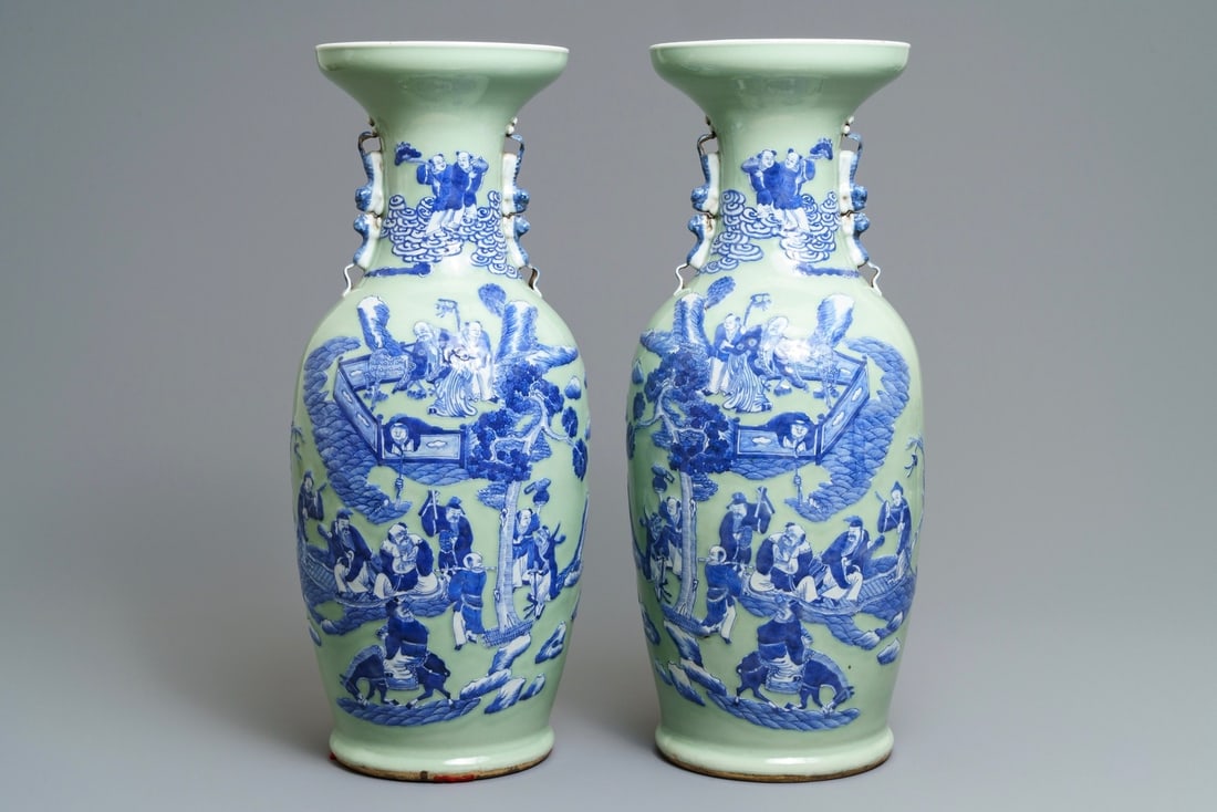 A pair of Chinese blue and white on celadon ground 'immortals' vases, 19th C.: A pair of Chinese blue and white on celadon ground 'immortals' vases, 19th C. ----- H.: 61,5 cm See also: Christie's, London, Feb. 17, 2016, Lot 55, for a nearly identical pair. (link)