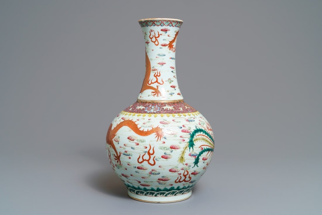 A Chinese famille rose tianqiu ping 'dragon and phoenix' vase, Guangxu (1 of 6)