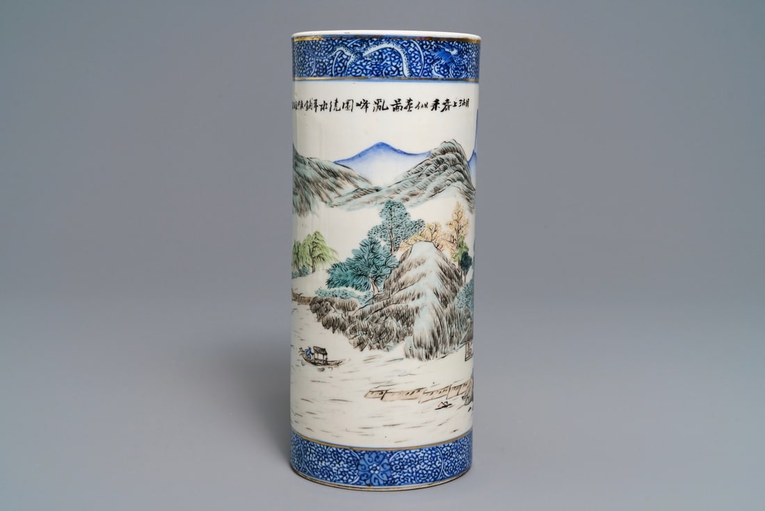 A cylindrical Chinese qianjiang cai hat stand, signed Wang Youtang, 20th C. (1 of 6)
