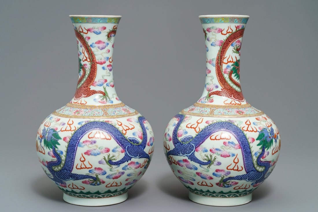 A pair of Chinese famille rose 'dragon' vases, Guangxu mark and of the period (1 of 6)