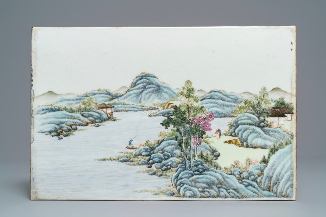 A Chinese famille rose 'river landscape' plaque, ca. 1900 (1 of 2)