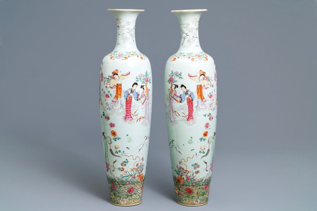 A pair of large Chinese famille rose 'immortals and cranes' vases, Republic, 20th C. (1 of 6)