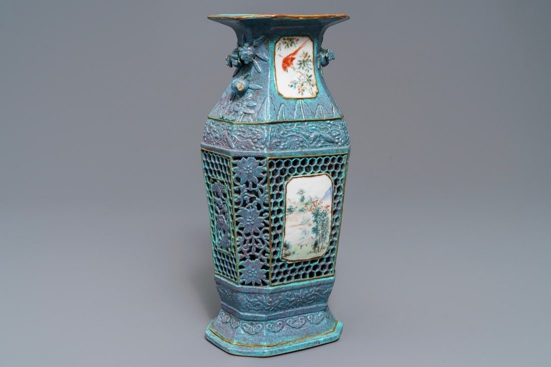A Chinese reticulated robin's egg-ground qianjiang cai vase, 19th C. (1 of 7)