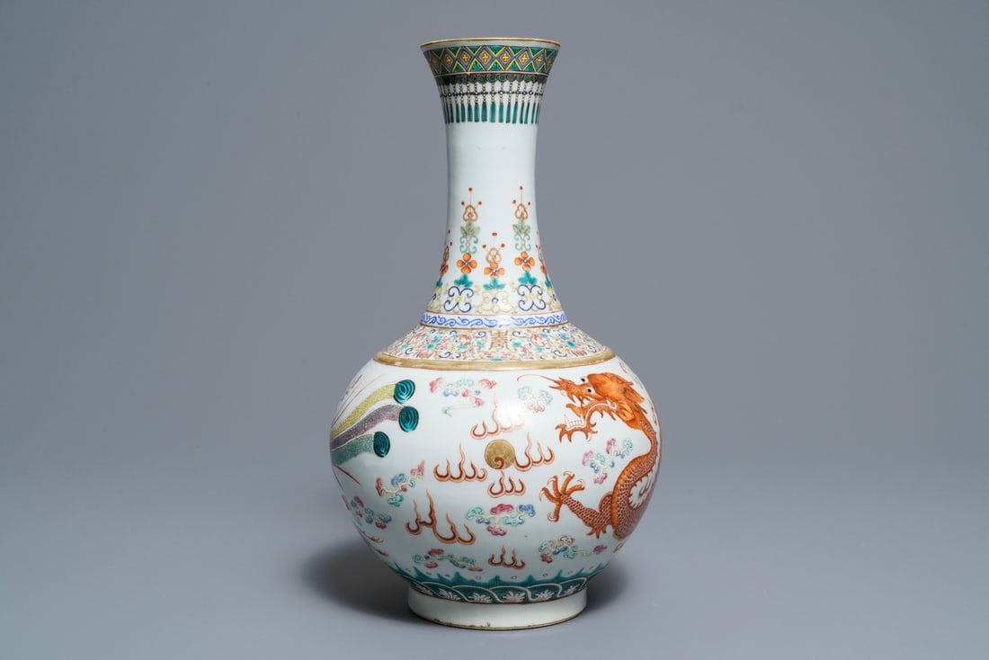 A Chinese famille rose 'dragon and phoenix' bottle vase, Guangxu mark and of the period (1 of 6)