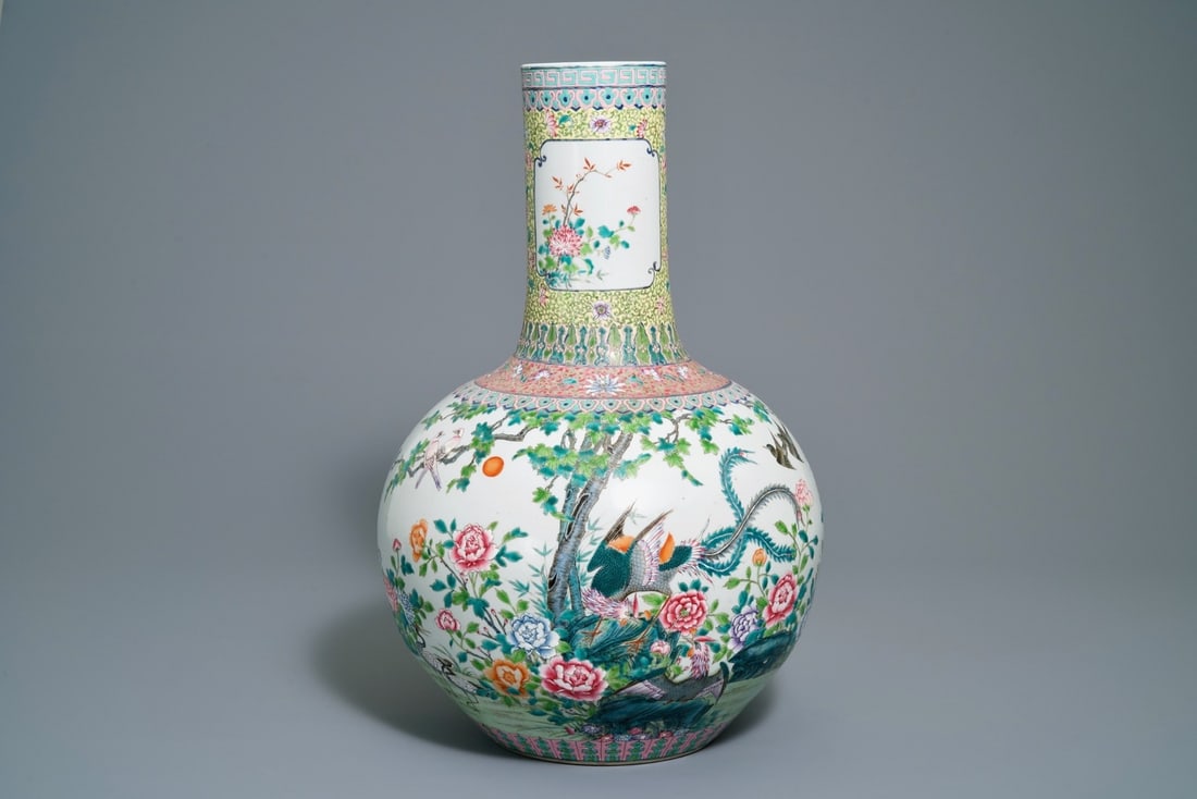 A Chinese famille rose tianqiu ping vase with birds among foliage, Qianlong mark, 20th C. (1 of 6)