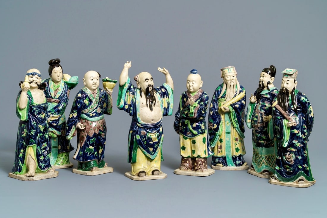 A Chinese 'Eight Immortals' set of enamelled biscuit figures, Republic, 20th C. (1 of 13)