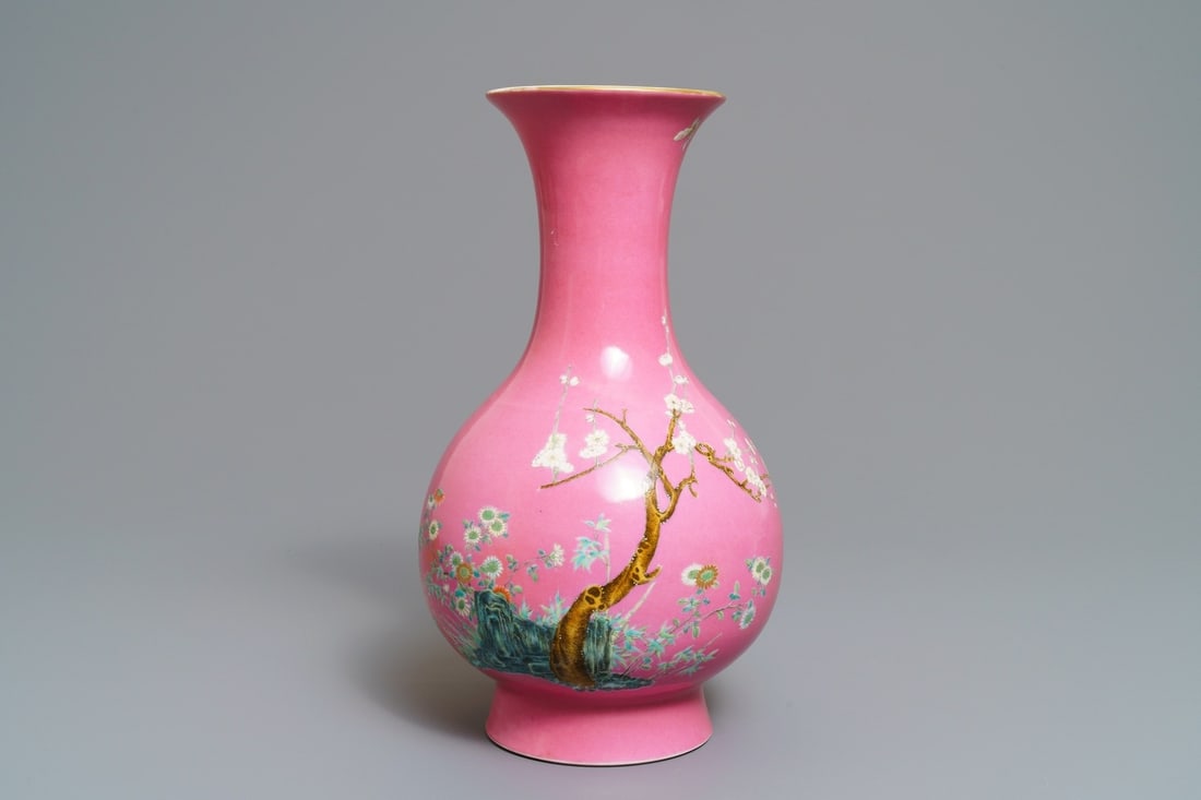 A Chinese famille rose pink-ground vase with floral design, Yongzheng mark, 20th C. (1 of 6)