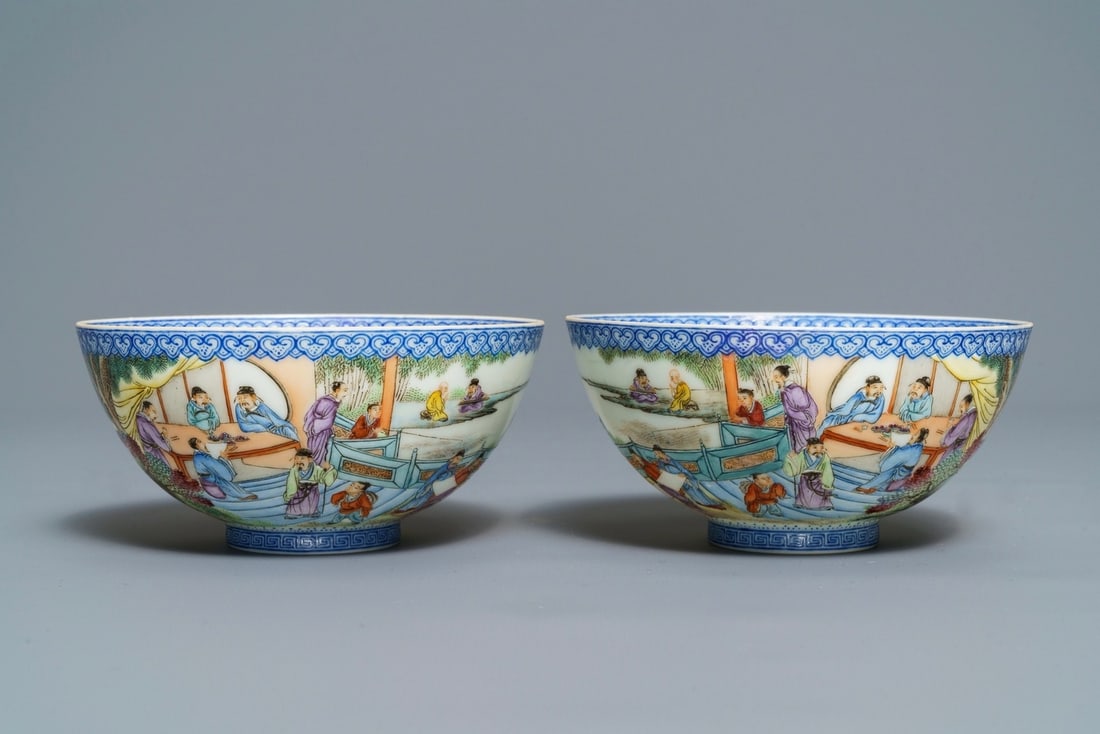 A pair of Chinese famille rose eggshell bowls, Qianlong mark, 20th C. (1 of 8)