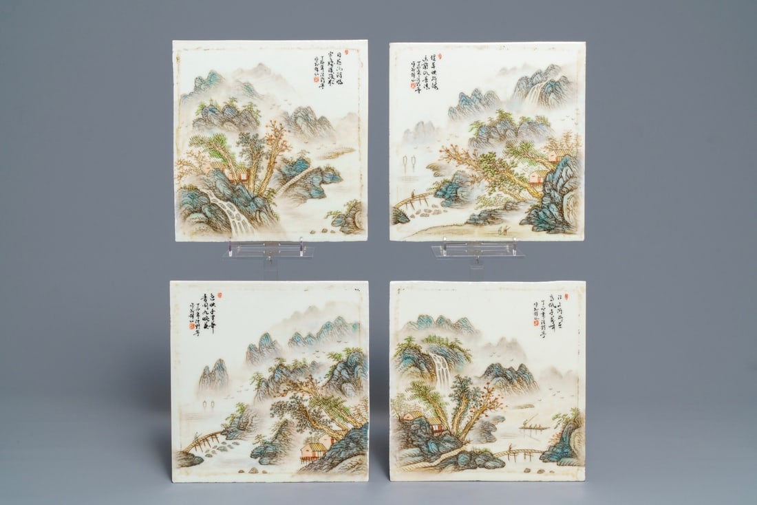 Four square Chinese qianjiang cai landscape plaques, 20th C. (1 of 2)