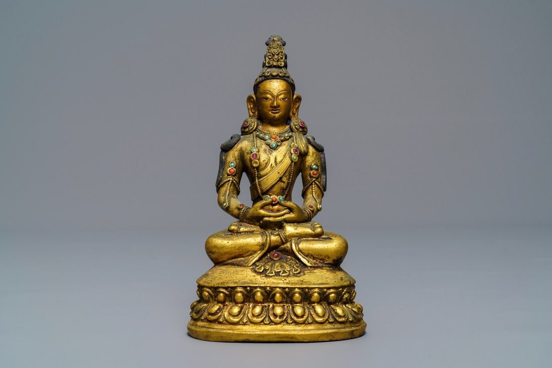 A Sino-Mongolian inlaid gilt bronze figure of Amitayus, 18/19th C. (1 of 3)