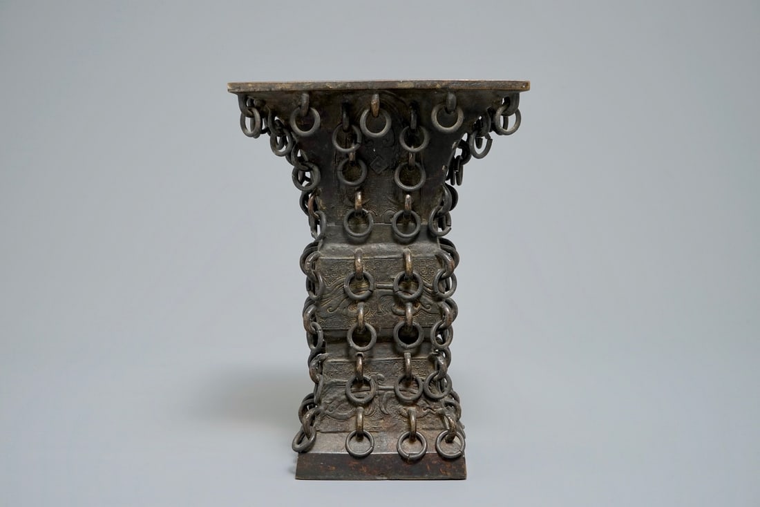 A Chinese archaistic ringed bronze fanggu vase, Ming (1 of 7)