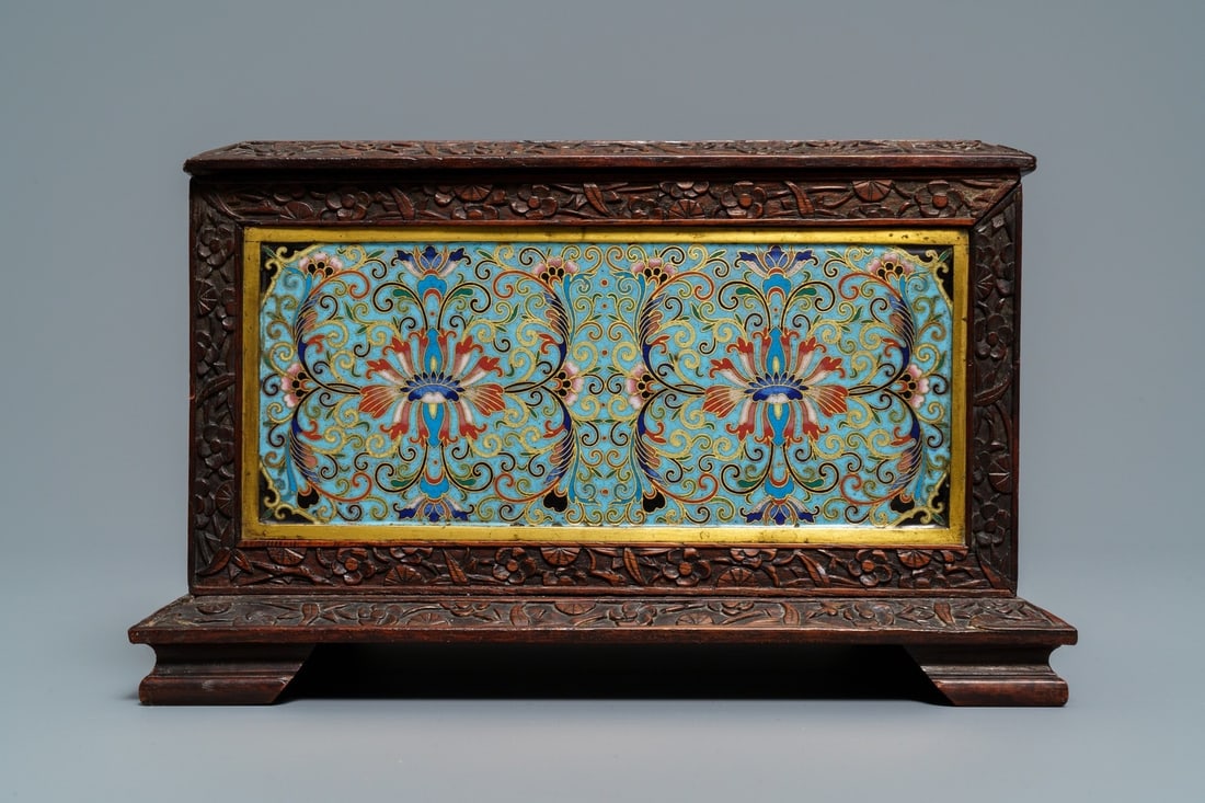 A rectangular Chinese cloisonné and wood box, 19th C. (1 of 7)