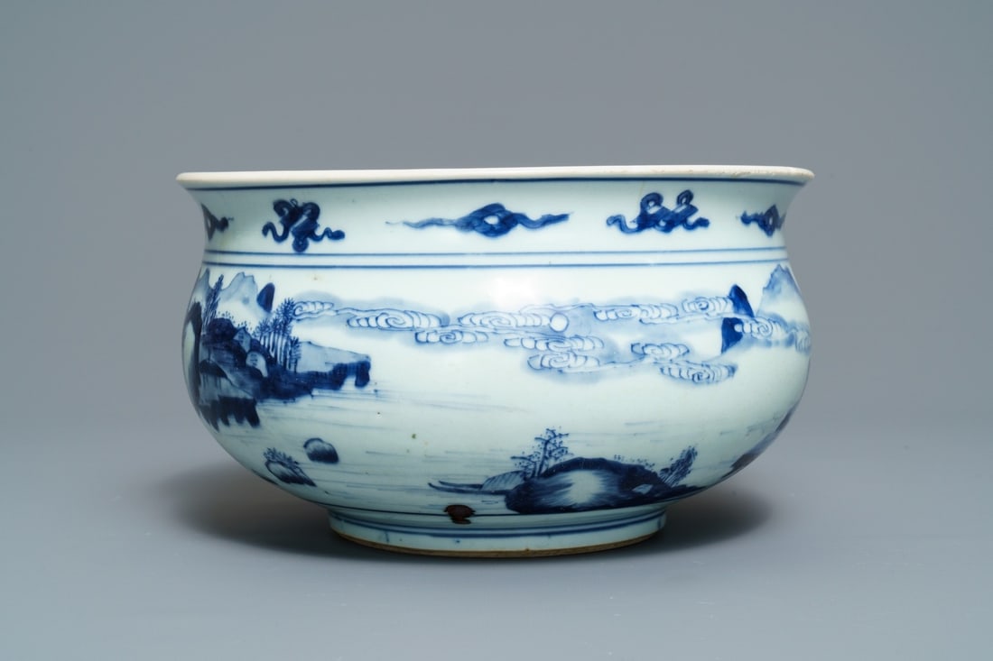 A Chinese blue and white censer with figures in a landscape, Kangxi (1 of 6)