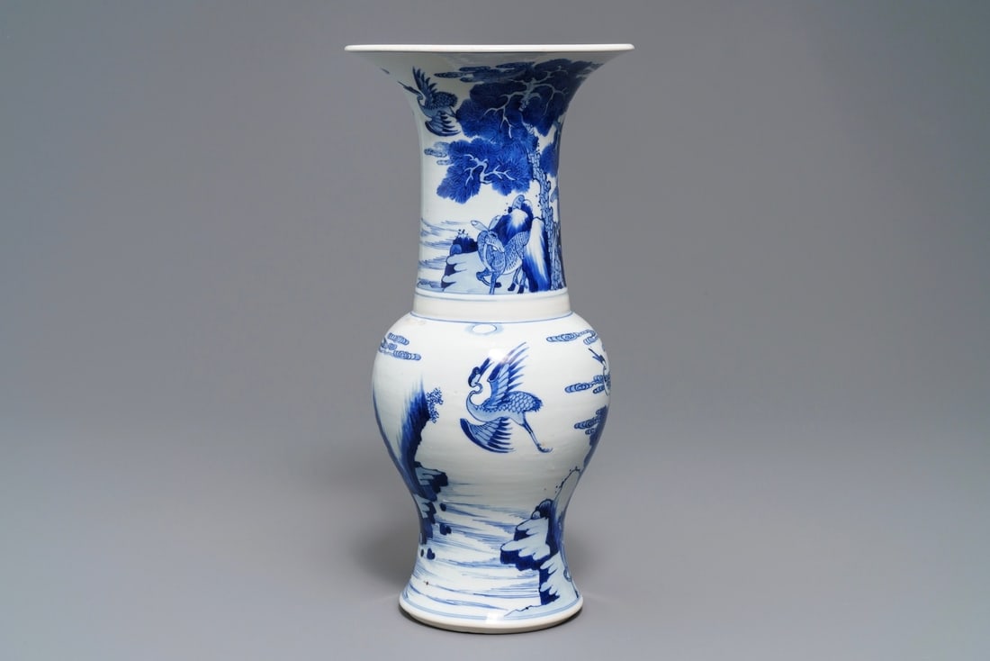 A Chinese blue and white 'deer and crane' yenyen vase, Kangxi (1 of 6)
