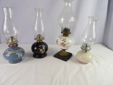 4 Early Oil Lamps with Chimneys