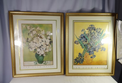 2 pcs-Framed Van Gogh Prints, Roses and Irises