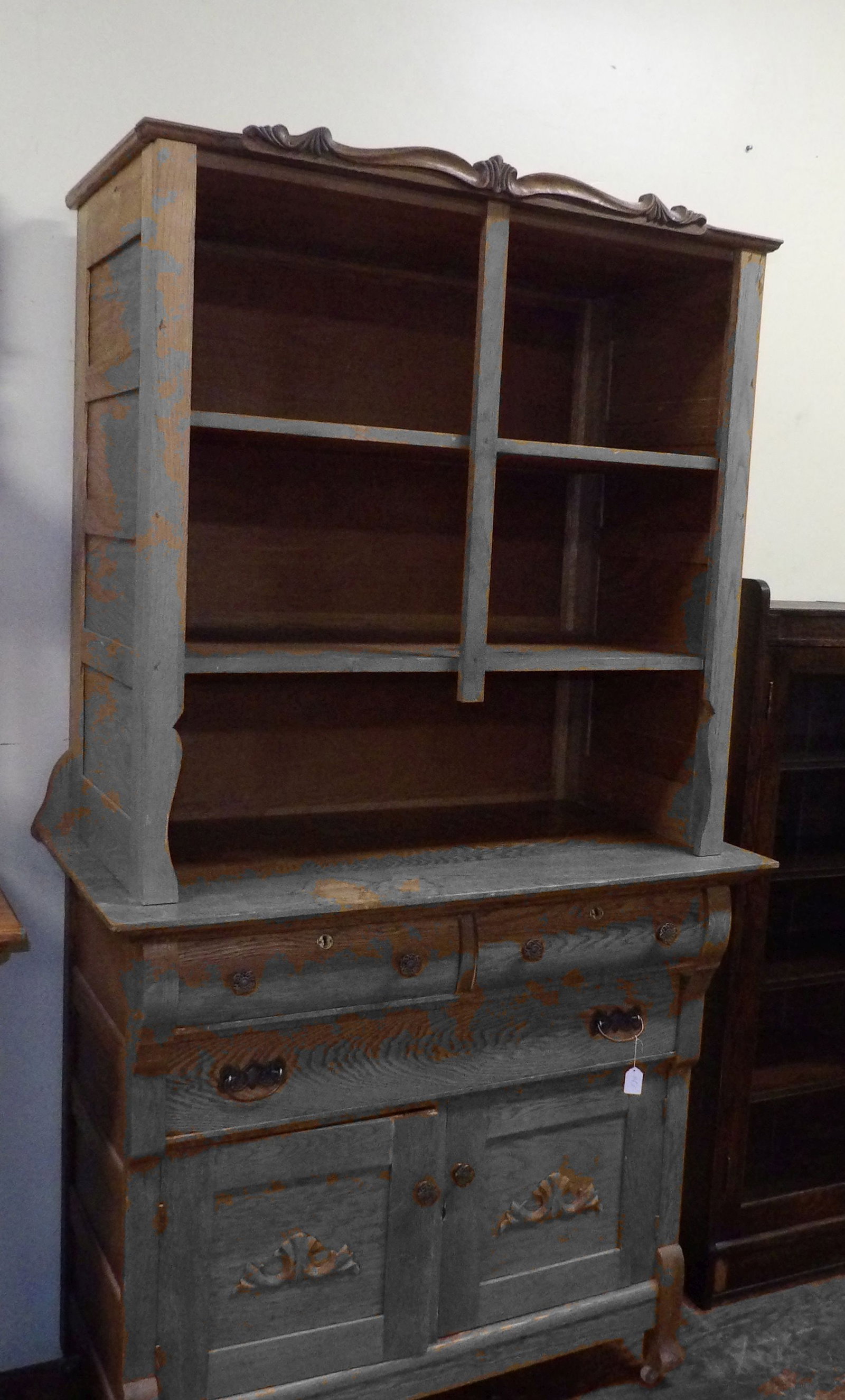 Oak Side Board with Shelves: Oak Side Board with Shelves. All measurements approximate. Please see photos for condition and details. Selling as is from 04281.