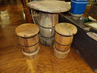 3 Pc.- Barrel Table and 2 Seats