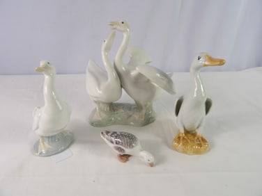 4 Pcs.- Porcelain Geese Figurines, 1 Pc is Lladro, all excellent condition