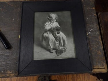 1906 Wood Framed Picture of  Child Sewing