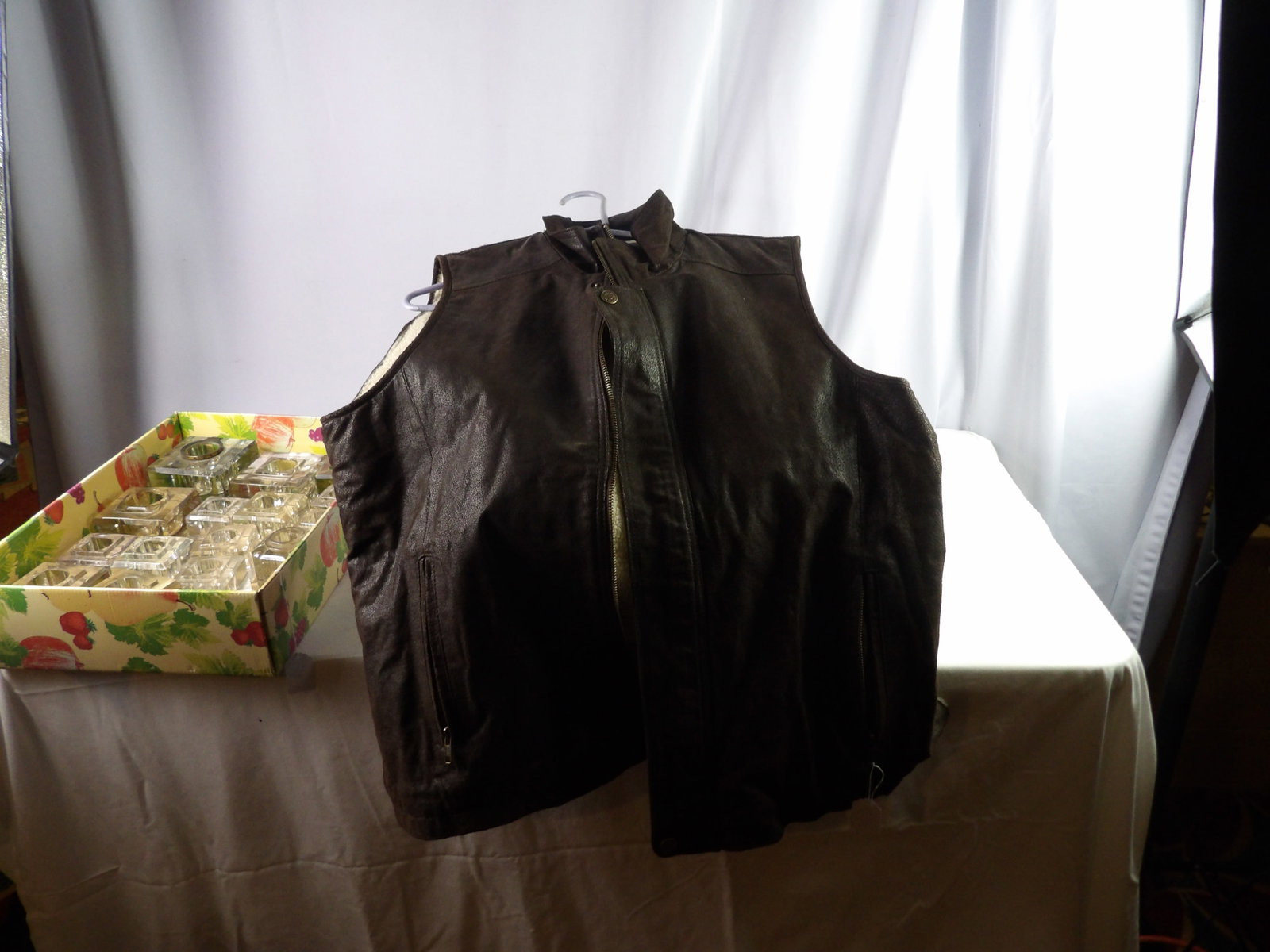 Leather vest: Leather vest. Fleece lined. Guide Bear brand. Size XL. All measurements approximate. Please see photos for condition and details. Selling as is from 04281.