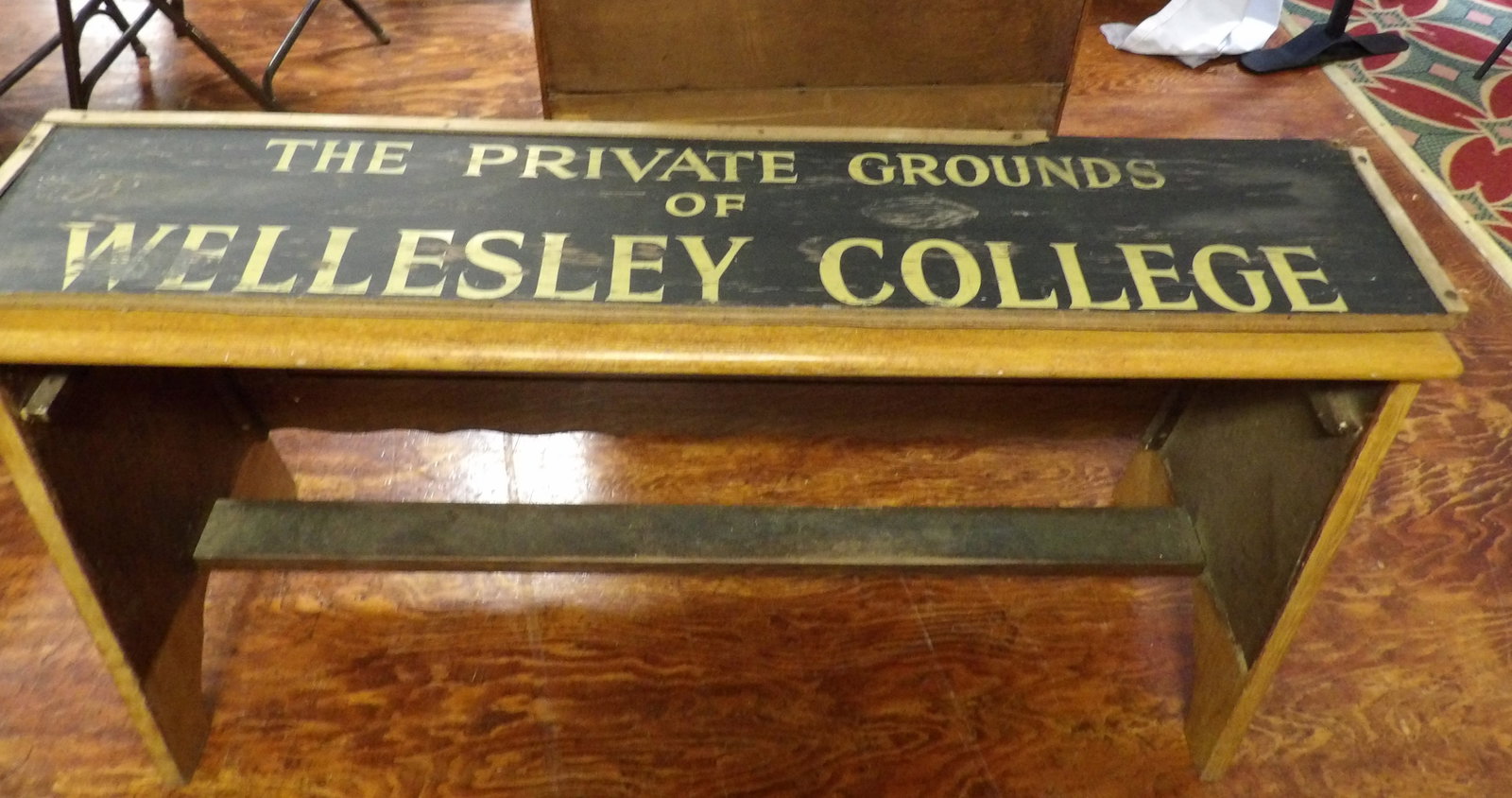 Wooden Sign-The Private Grounds of Wellesley College: 9" x 48" Wooden Sign-The Private Grounds of Wellesley College. All measurements approximate. See photos for condition and details. Selling as is from 04281.