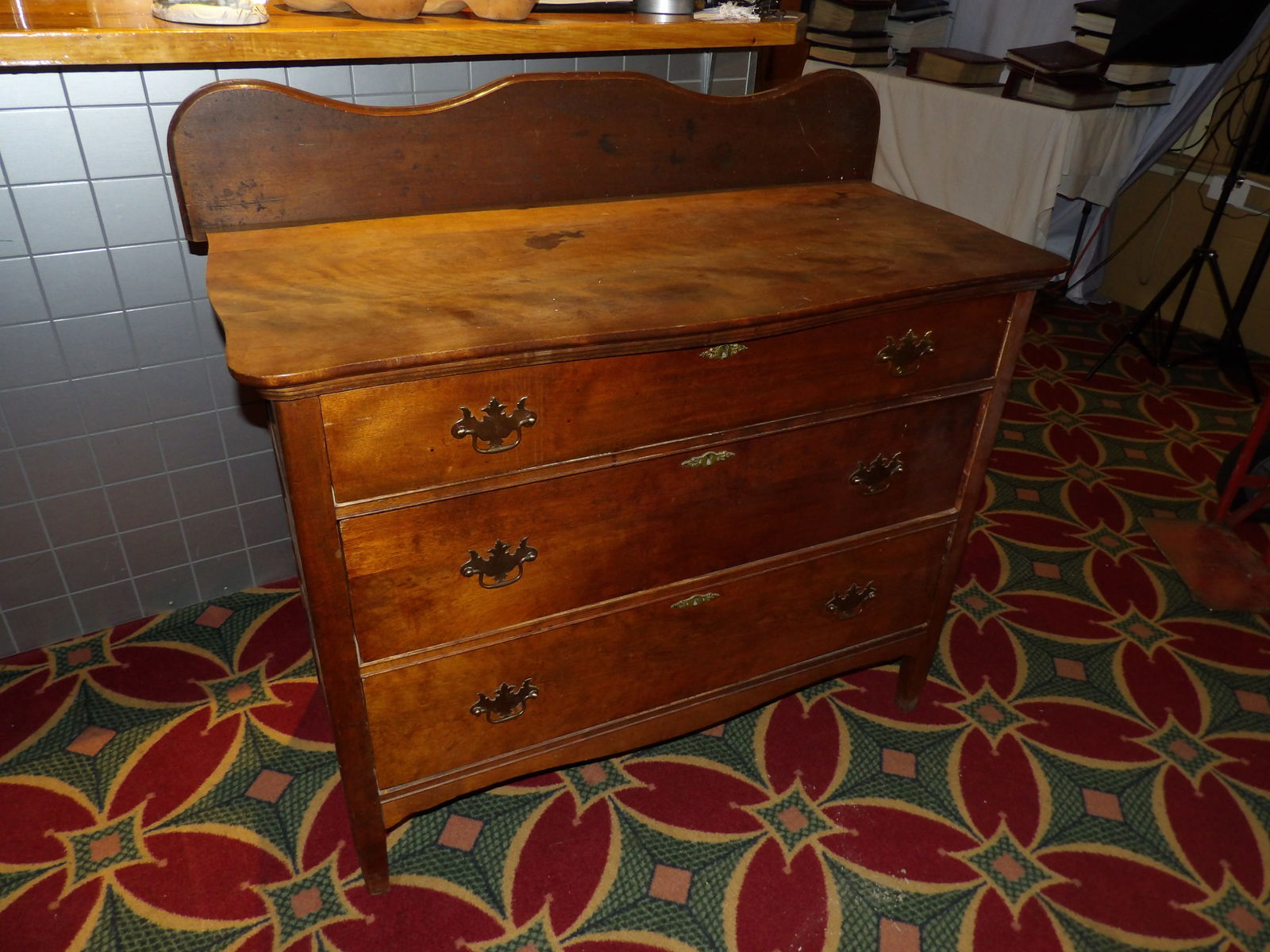 Early 3-Drawer Dresser: 41" Wide x 19" Deep Early 3-Drawer Maple Dresser. All measurements approximate. See photos for condition and details. Selling as is from 04281.