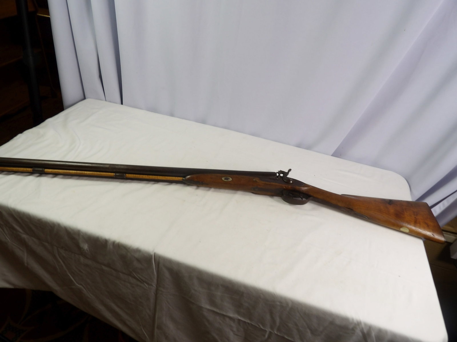 Flintlock Double Barrel Shot Gun: 47" Early Flintlock Double Barrel Shot Gun. No Visible Manufacturer. No FFL Required. No Damage Seen. All Measurements approximate. See photos for condition and details. Selling as is from 04281.