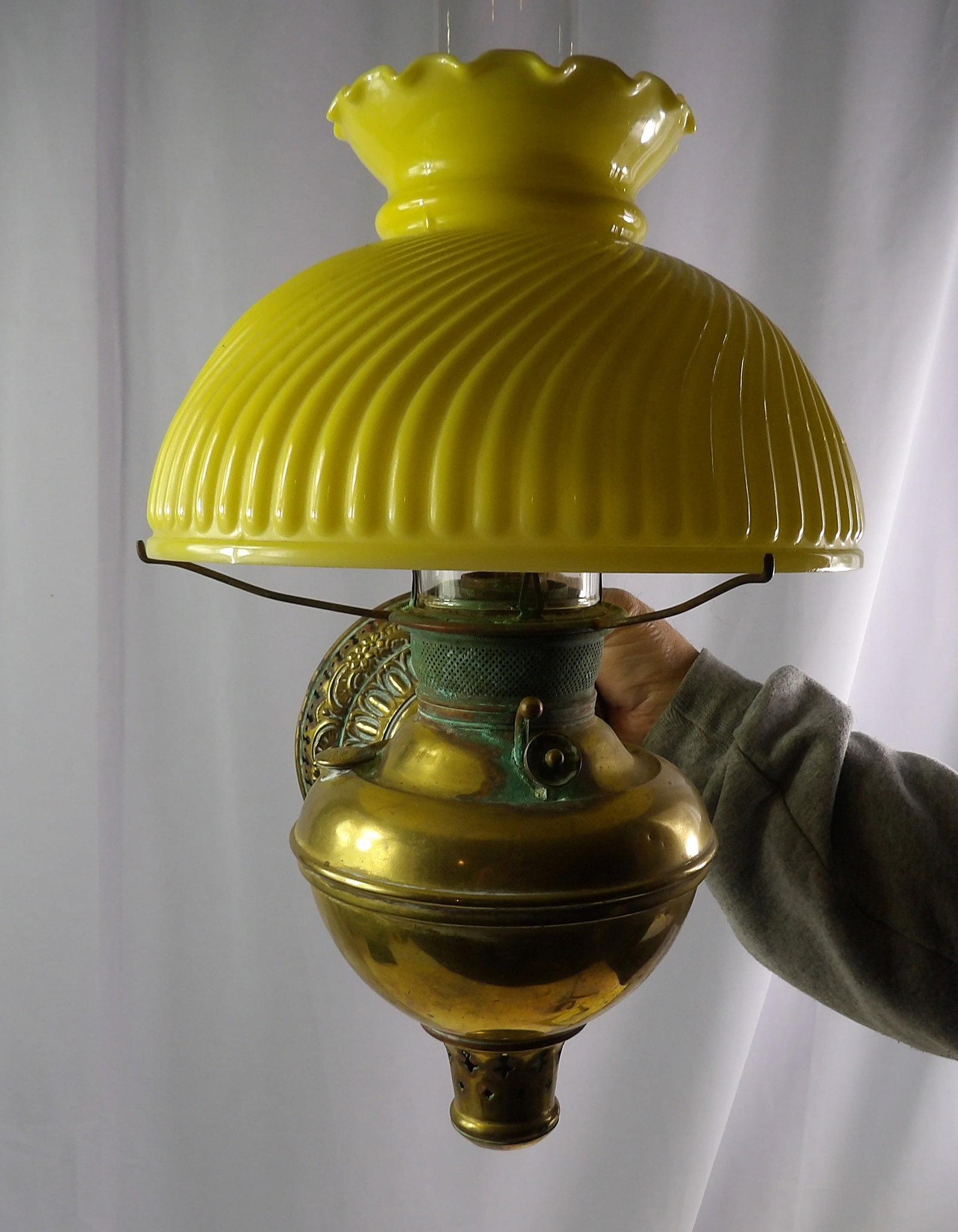 Early Converted Brass Lamp: Early Brass Lamp, converted to Electric. All Measurements approximate. See photos for condition and details. Selling as is from 04281.